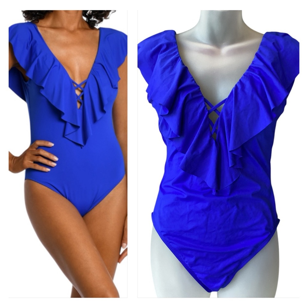 La Blanca Island Goddess Royal Blue Ruffle One Piece B12
